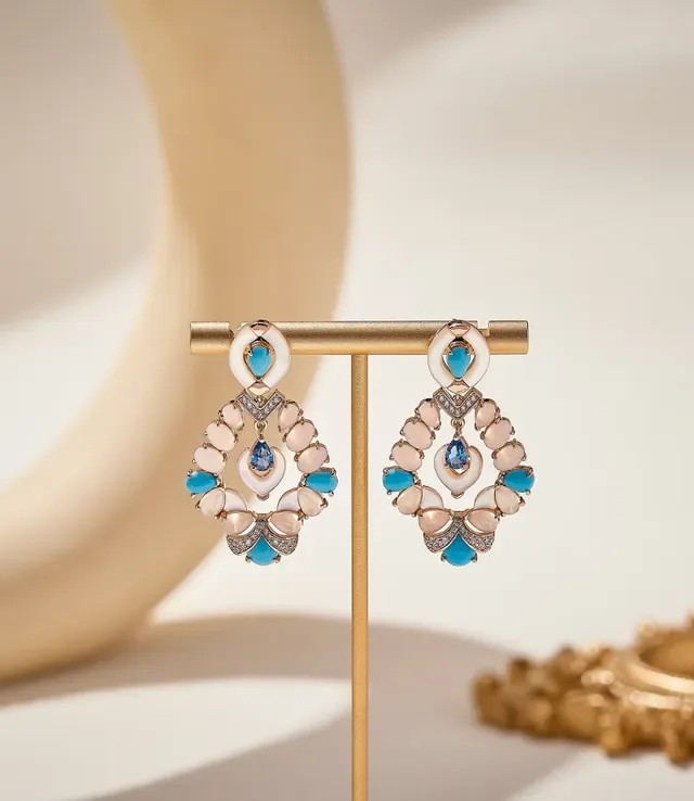 Turquoise and Pink Multi-Stone Chandelier Earrings 3