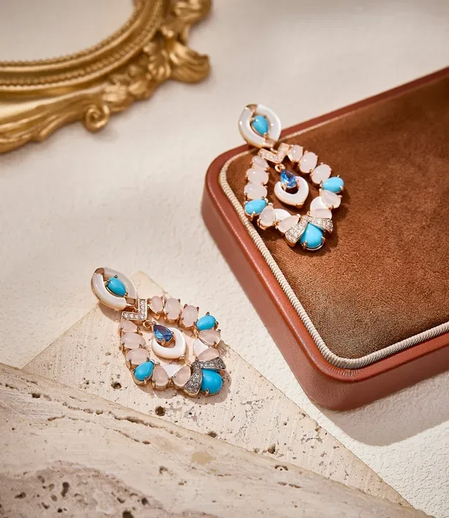 Turquoise and Pink Multi-Stone Chandelier Earrings 4