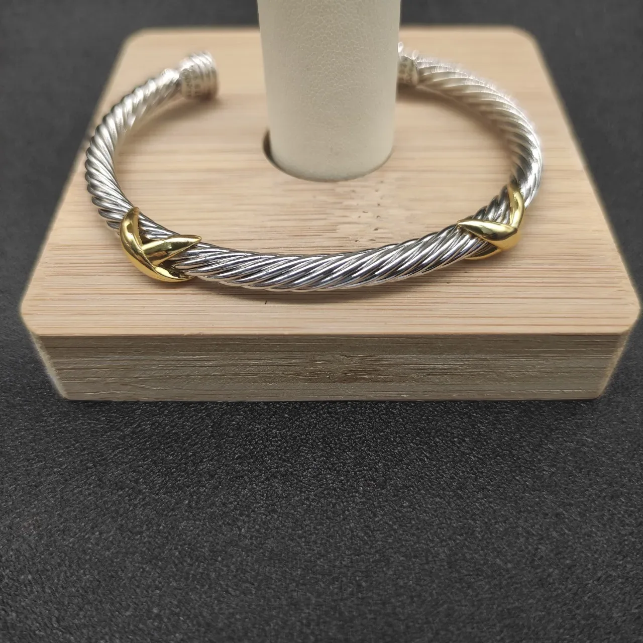 Twisted Cable Two-Tone Leaf Accent Cuff Bracelet 2