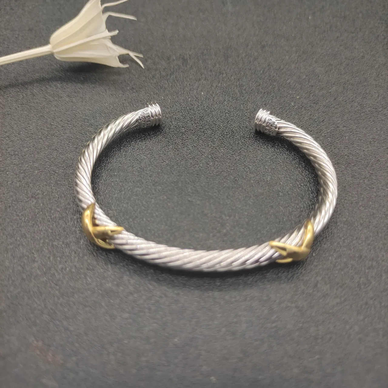 Twisted Cable Two-Tone Leaf Accent Cuff Bracelet 3