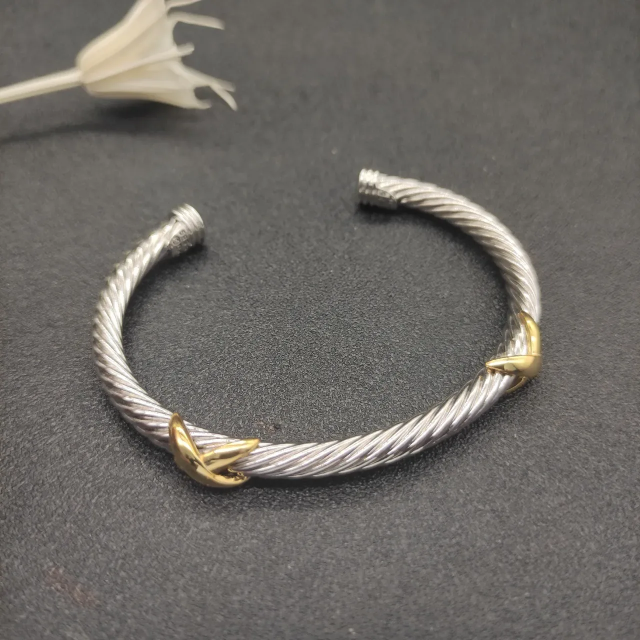 Twisted Cable Two-Tone Leaf Accent Cuff Bracelet 4