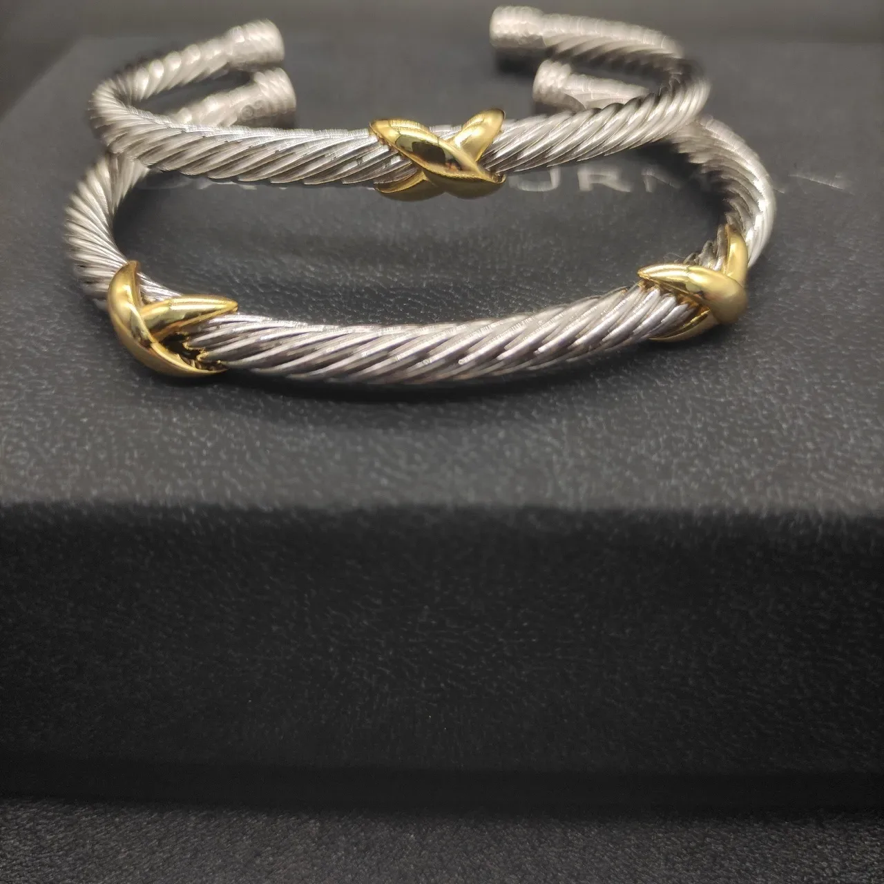 Twisted Cable Two-Tone Leaf Accent Cuff Bracelet 5
