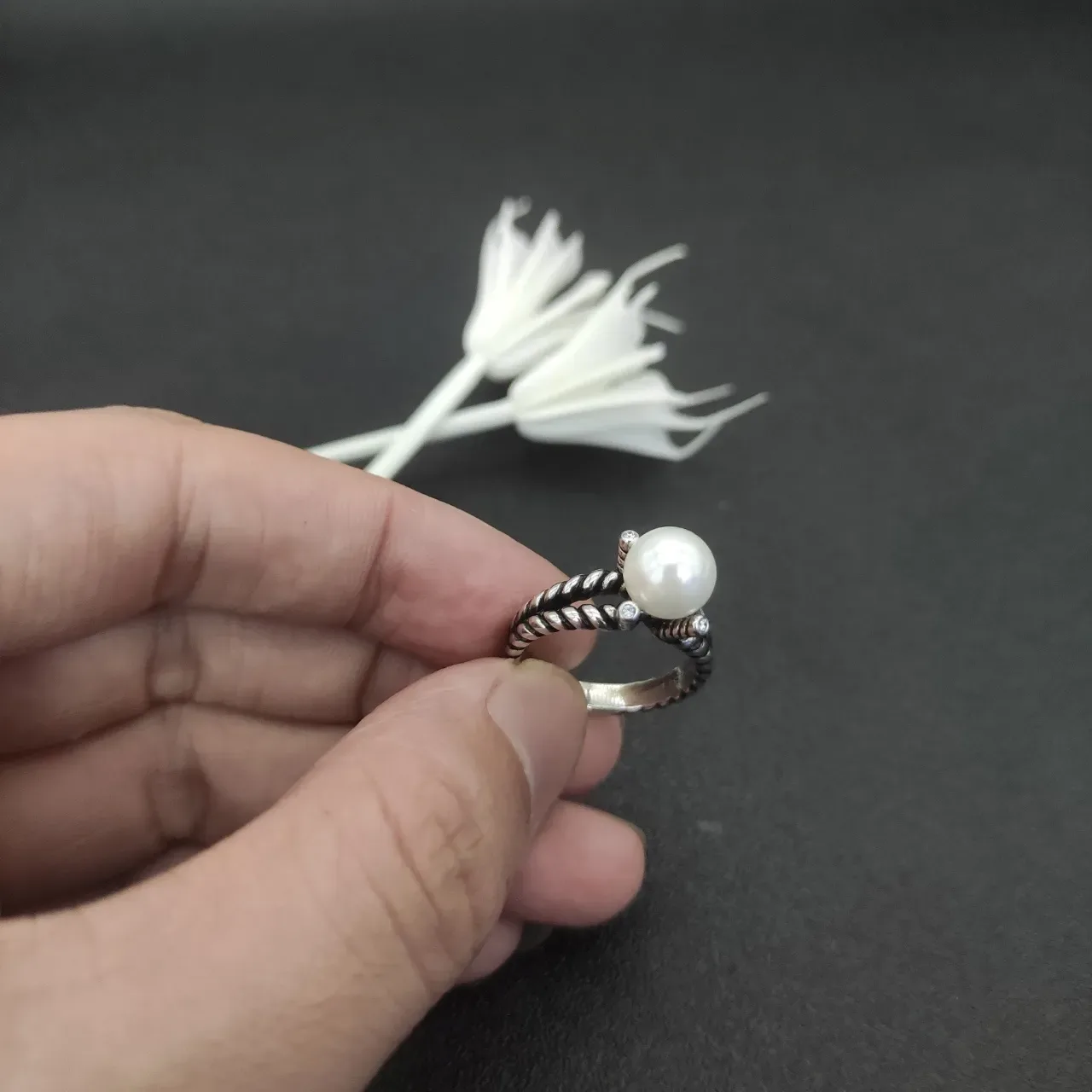 Twisted Rope Band Pearl Ring 6