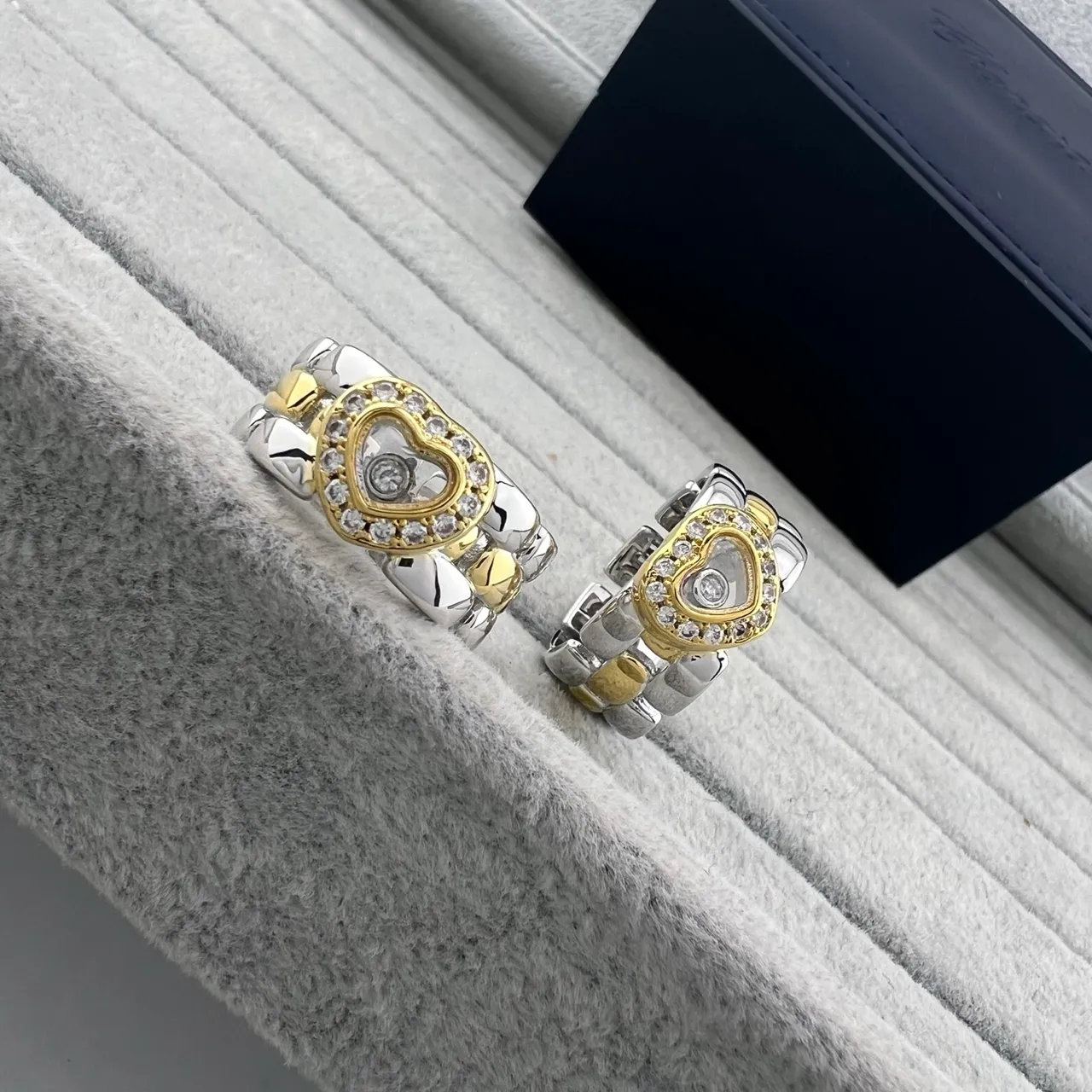 Two-Tone Silver and Gold Heart Motif Pavé Crystal Rings 3