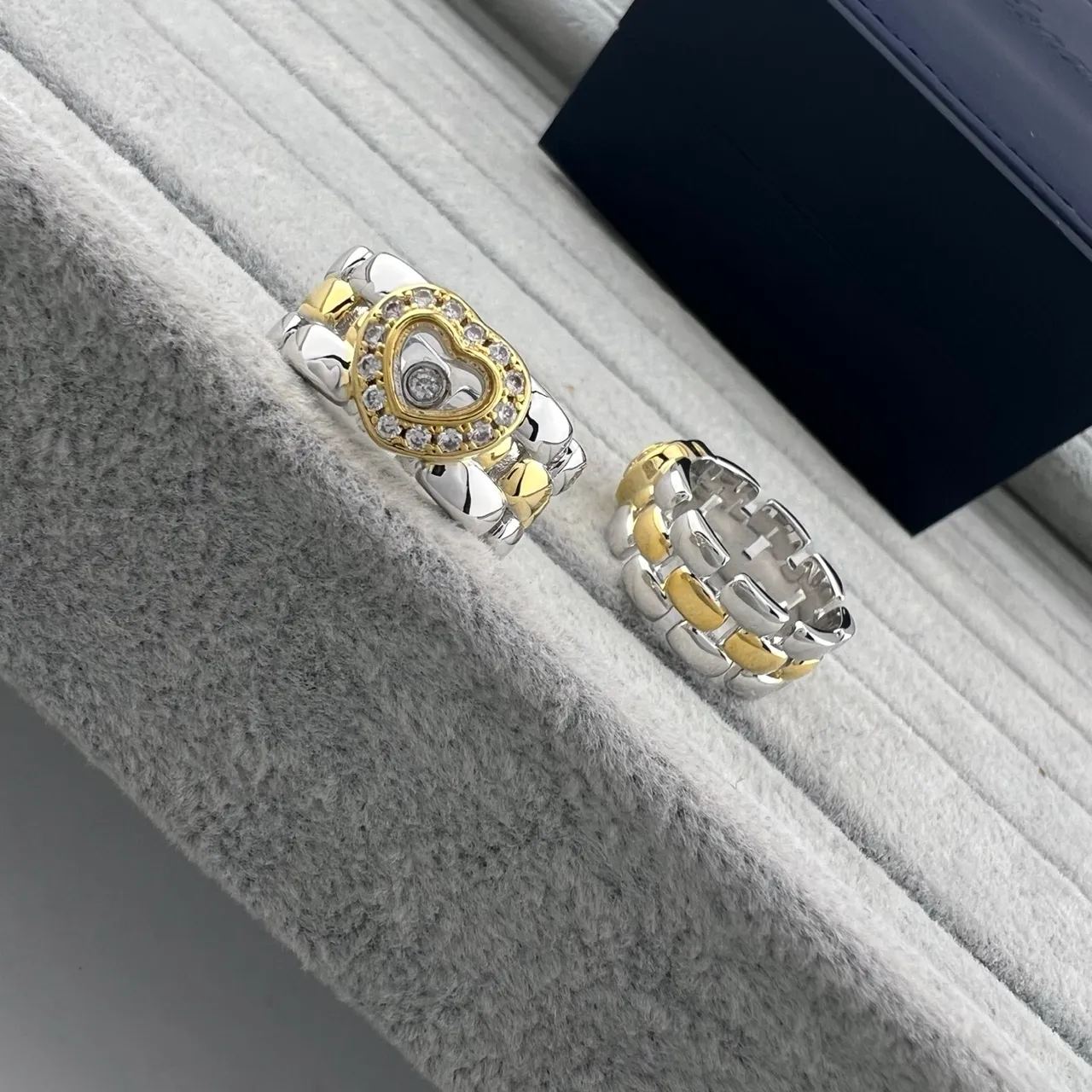Two-Tone Silver and Gold Heart Motif Pavé Crystal Rings 5
