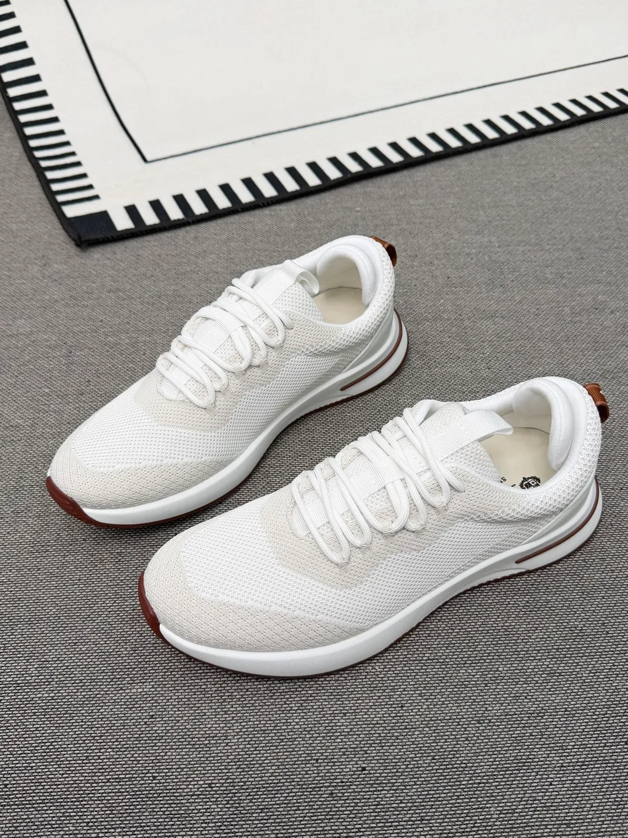White and Brown Knit Mesh Low-Top Lifestyle Sneakers 2