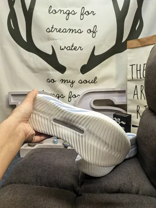 White and Gray Laceless Strap Knit Sneaker 4
