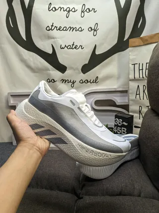 White and Gray Laceless Strap Knit Sneaker 5