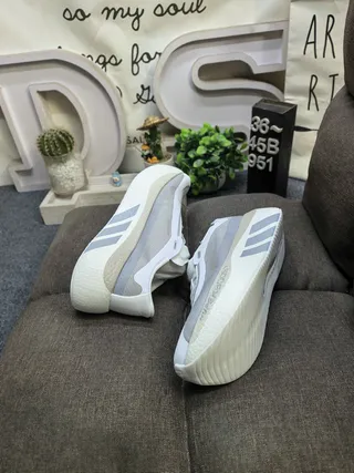White and Gray Laceless Strap Knit Sneaker 6