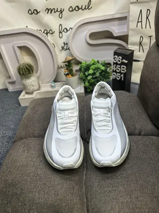 White and Gray Laceless Strap Knit Sneaker 10