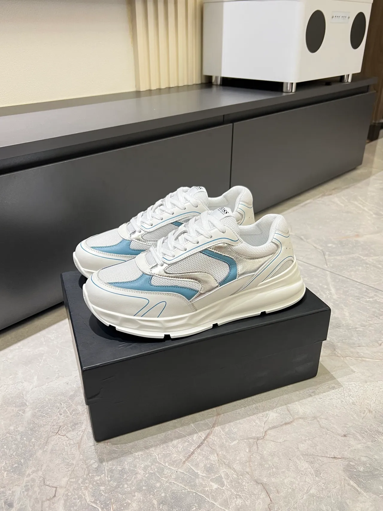 White and Light Blue Chunky Sole Lifestyle Sneakers 4