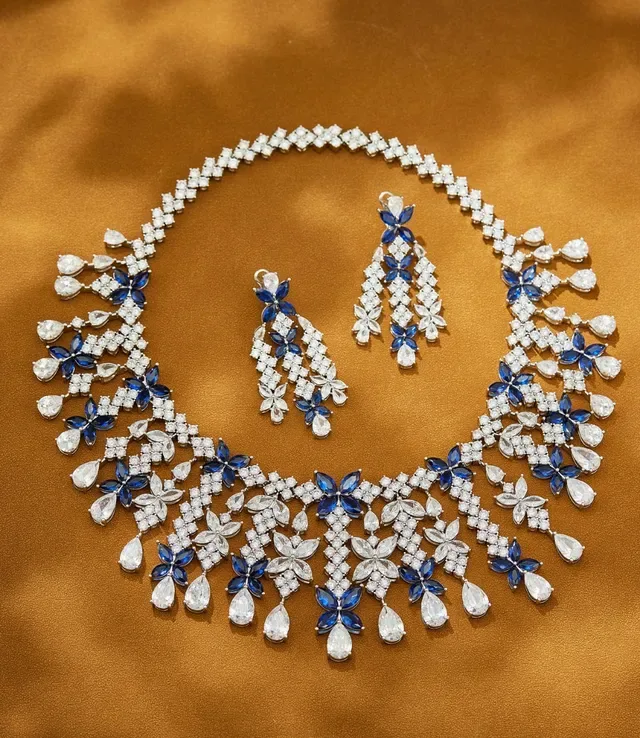 White Blue Floral Motif Teardrop-Dangle Elements Necklace 6