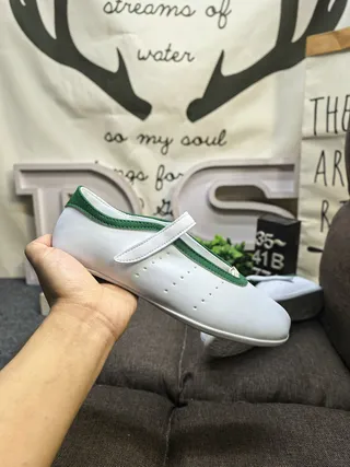 White Green Leather-Like Upper Contrast Piping Mary Jane Shoes 5