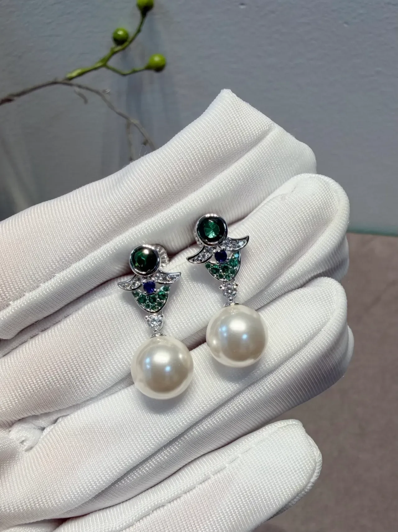 White Green Pearl Drop Multi-Gemstone Earrings 4