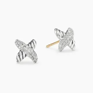 X-Shaped Pavé-Set Ribbed Band Stud Earrings