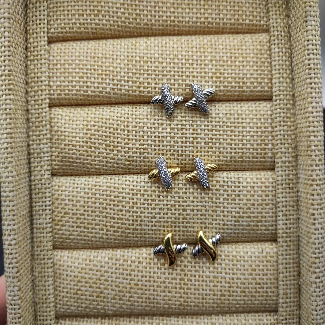 X-Shaped Pavé-Set Ribbed Band Stud Earrings 2