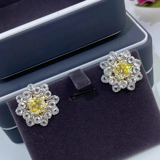 Yellow Silver Floral Cluster Crystal-Encrusted Earrings 2