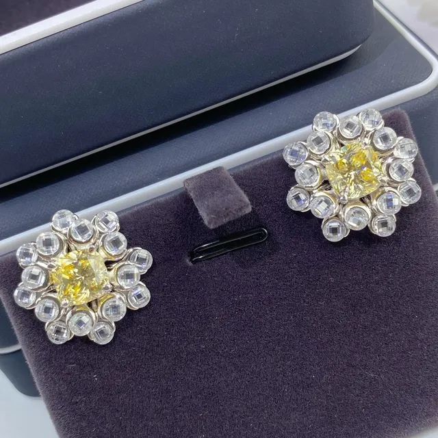 Yellow Silver Floral Cluster Crystal-Encrusted Earrings 3