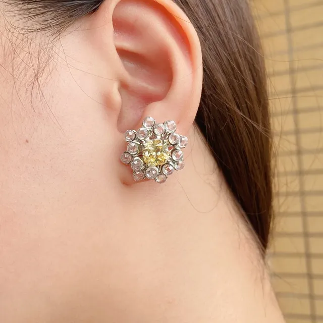 Yellow Silver Floral Cluster Crystal-Encrusted Earrings 4