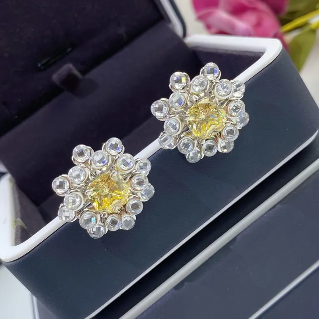 Yellow Silver Floral Cluster Crystal-Encrusted Earrings 5
