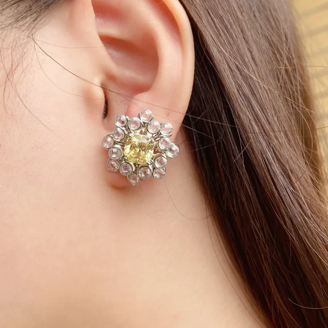 Yellow Silver Floral Cluster Crystal-Encrusted Earrings 6