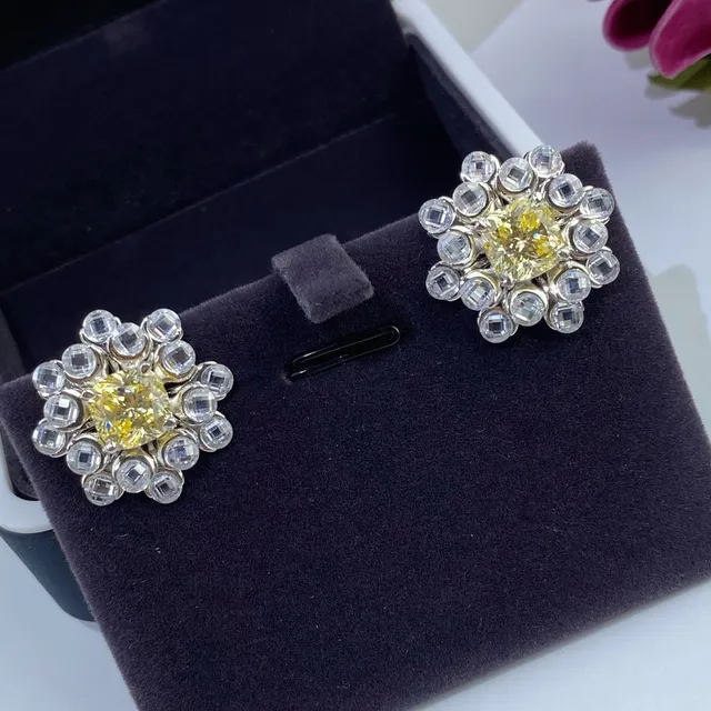Yellow Silver Floral Cluster Crystal-Encrusted Earrings 8