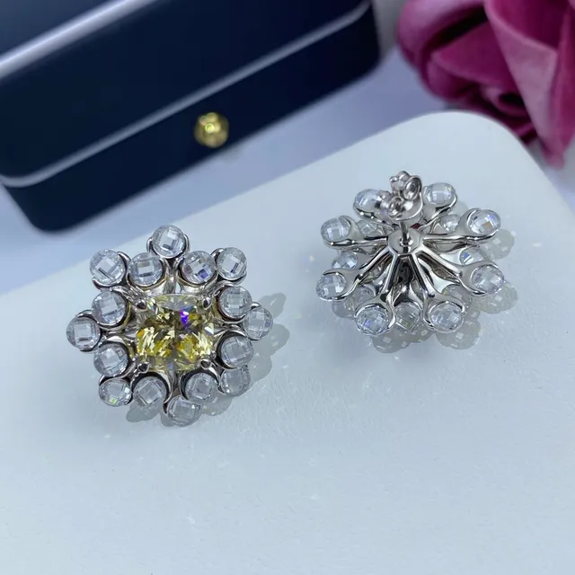 Yellow Silver Floral Cluster Crystal-Encrusted Earrings 9