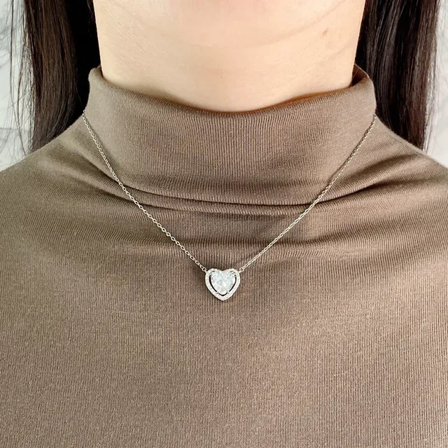 Yellow Silver Heart-Shaped Pendant Halo-Set Clear Stones Necklace 5