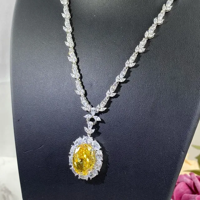 Yellow Silver Oval Center Stone Halo Of Marquise-Cut Clear Stones Necklace 2