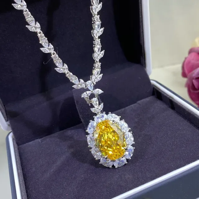 Yellow Silver Oval Center Stone Halo Of Marquise-Cut Clear Stones Necklace 3