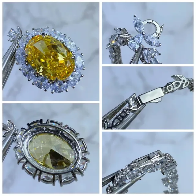 Yellow Silver Oval Center Stone Halo Of Marquise-Cut Clear Stones Necklace 4