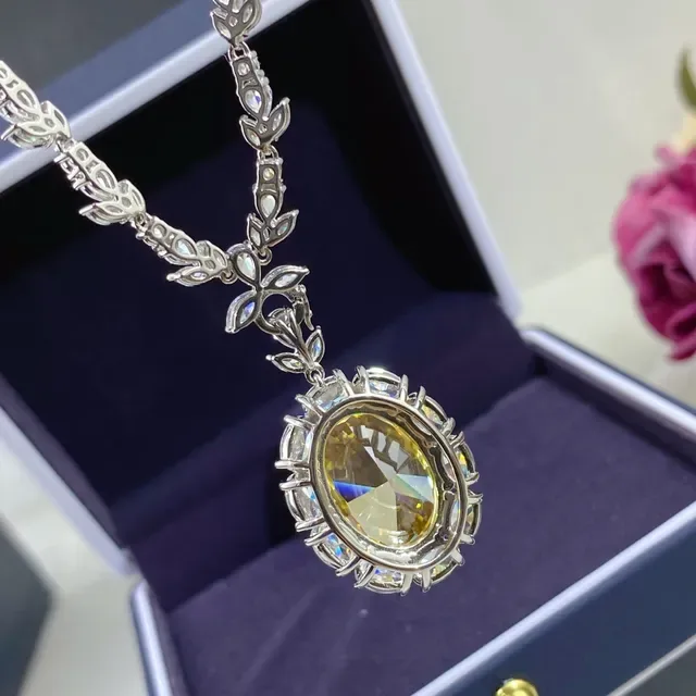 Yellow Silver Oval Center Stone Halo Of Marquise-Cut Clear Stones Necklace 5