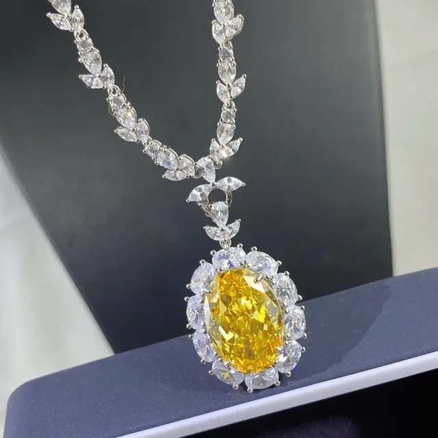 Yellow Silver Oval Center Stone Halo Of Marquise-Cut Clear Stones Necklace 6
