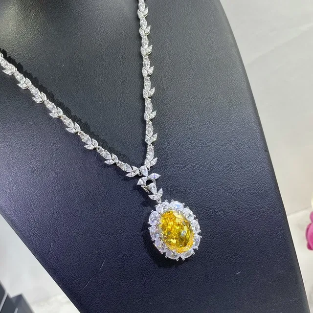 Yellow Silver Oval Center Stone Halo Of Marquise-Cut Clear Stones Necklace 7