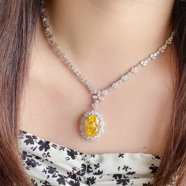 Yellow Silver Oval Center Stone Halo Of Marquise-Cut Clear Stones Necklace 8