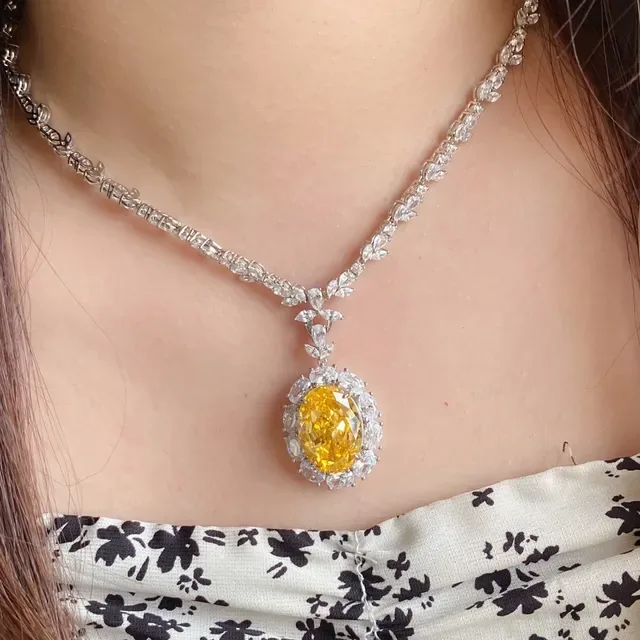Yellow Silver Oval Center Stone Halo Of Marquise-Cut Clear Stones Necklace 9