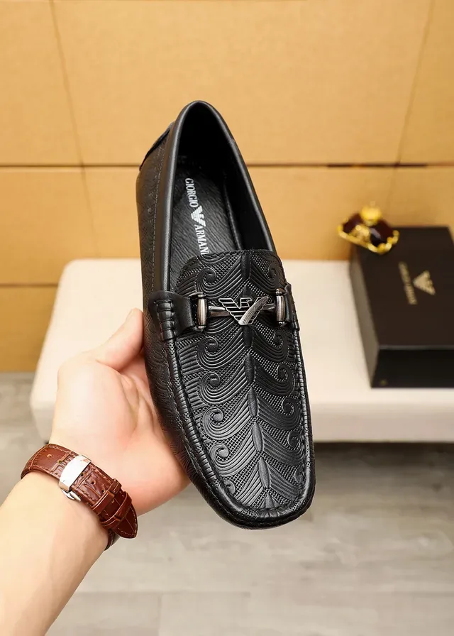 Giorgio Armani Noir Argent Motif Ondulé Embossé Boucle Cheval Métal Loafer 7