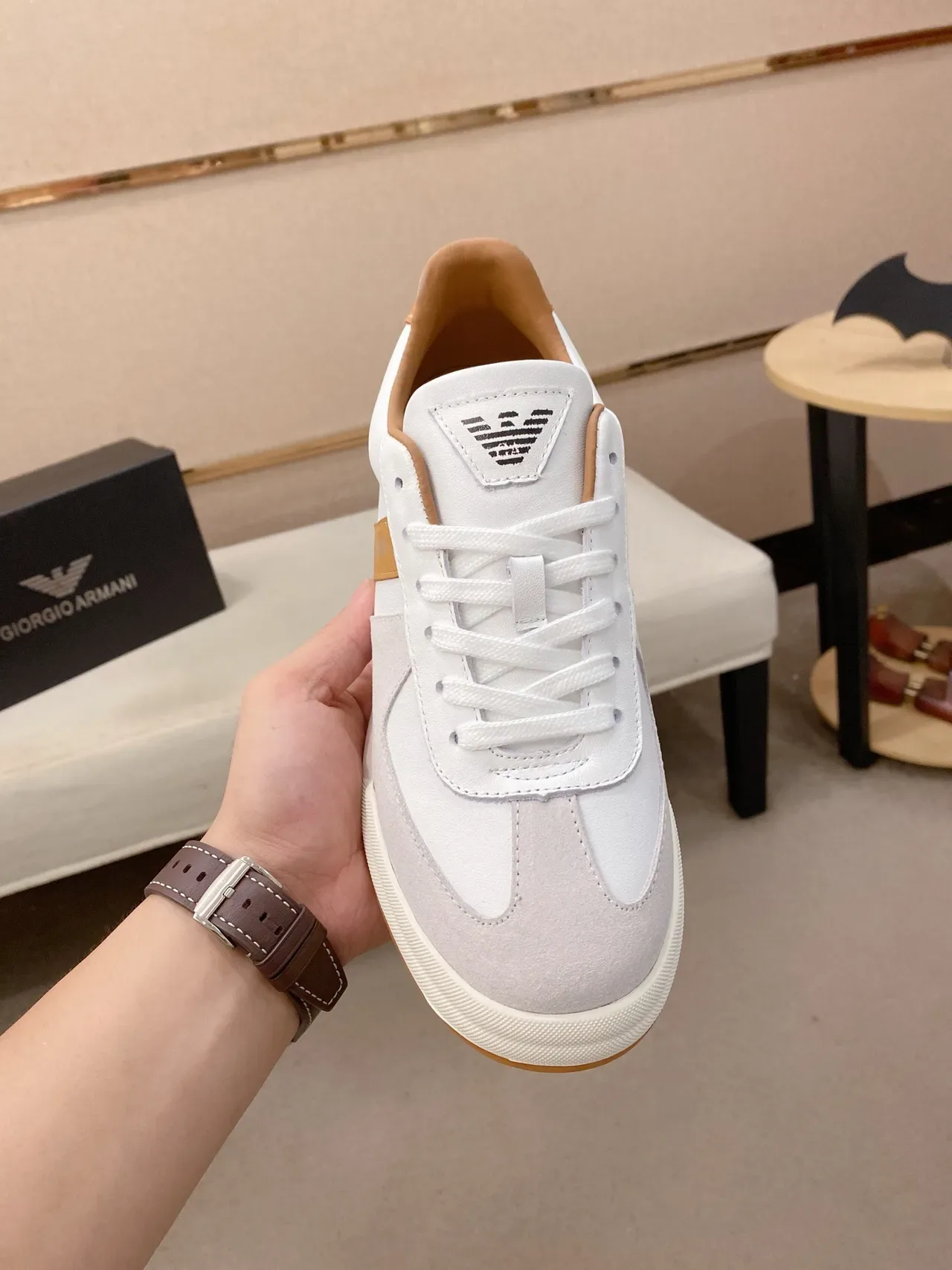 Giorgio Armani White Beige Mixed-Material Upper Clean Low-Top Silhouette Sneakers 2