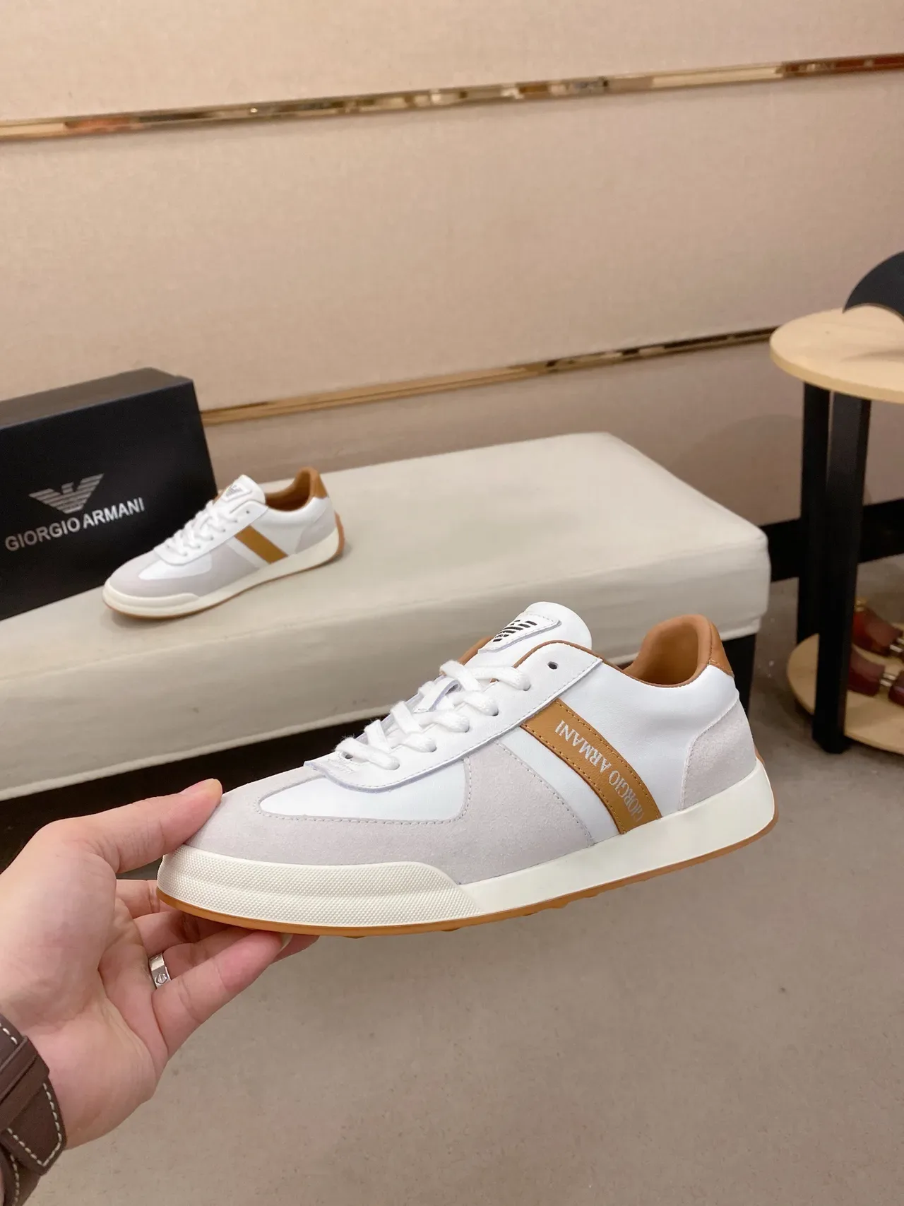 Giorgio Armani White Beige Mixed-Material Upper Clean Low-Top Silhouette Sneakers 3