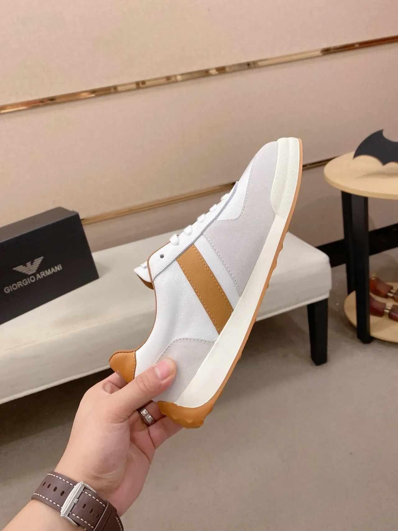 Giorgio Armani White Beige Mixed-Material Upper Clean Low-Top Silhouette Sneakers 5
