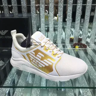 Giorgio Armani White Gold Mesh Upper Metallic Monogram Panel Lifestyle Sneakers
