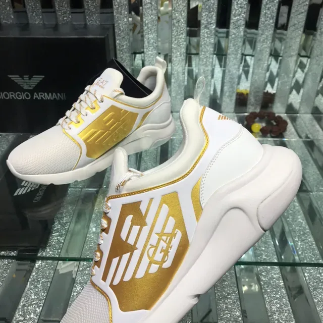 Giorgio Armani White Gold Mesh Upper Metallic Monogram Panel Lifestyle Sneakers 5