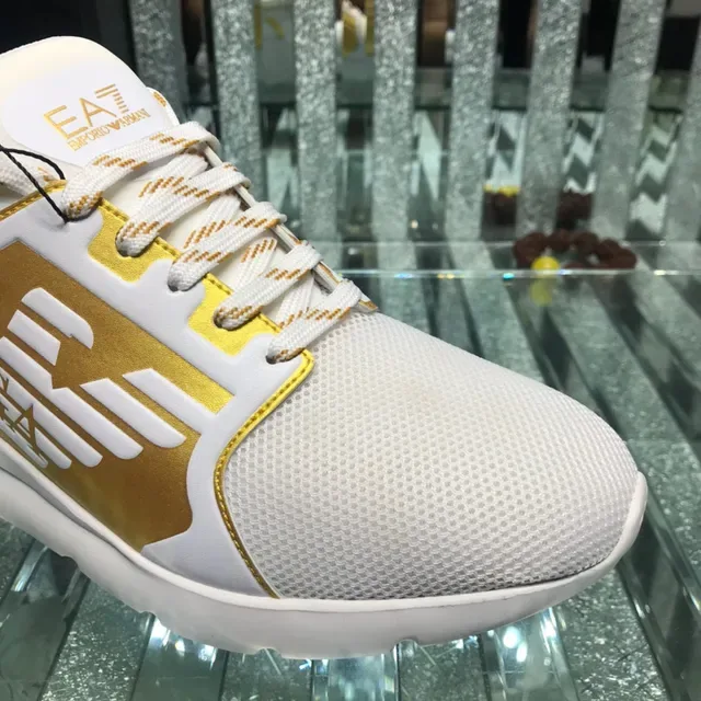 Giorgio Armani White Gold Mesh Upper Metallic Monogram Panel Lifestyle Sneakers 6