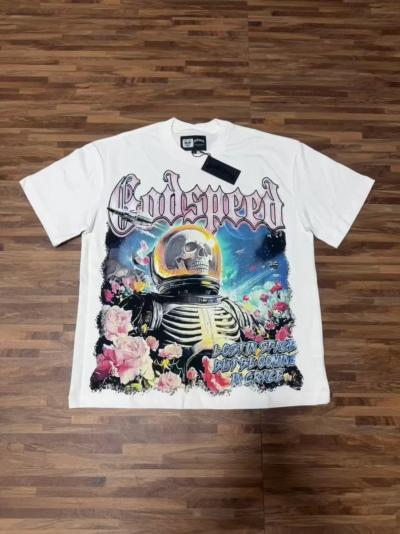 Godspeed Astronaut Skull Floral Graphic Print White T-Shirt 2