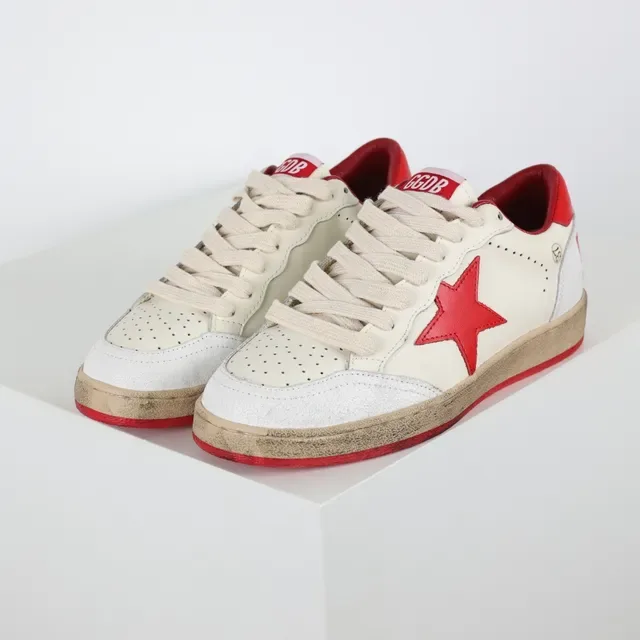 Golden Goose Tênis Lifestyle Bege Vermelho de Couro Perfurado Baixo 2
