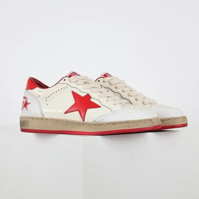 Golden Goose Tênis Lifestyle Bege Vermelho de Couro Perfurado Baixo 3