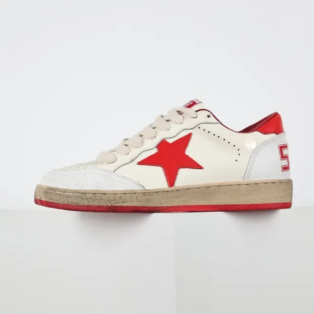 Golden Goose Tênis Lifestyle Bege Vermelho de Couro Perfurado Baixo 9