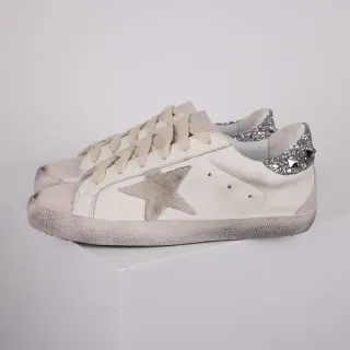 Golden Goose Superstar White Silver Distressed Leather Glitter Heel Tab Lifestyle Sneakers