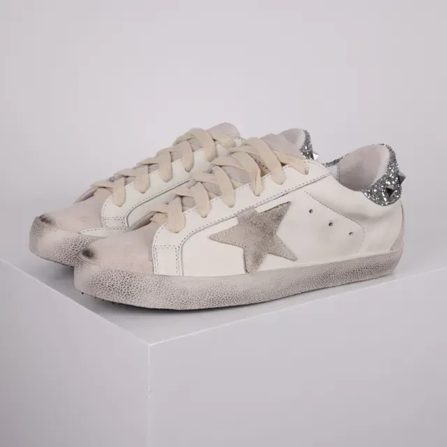 Golden Goose Superstar Sneakers Lifestyle Blancs Argent Cuir Distressed Glitter Heel Tab 2