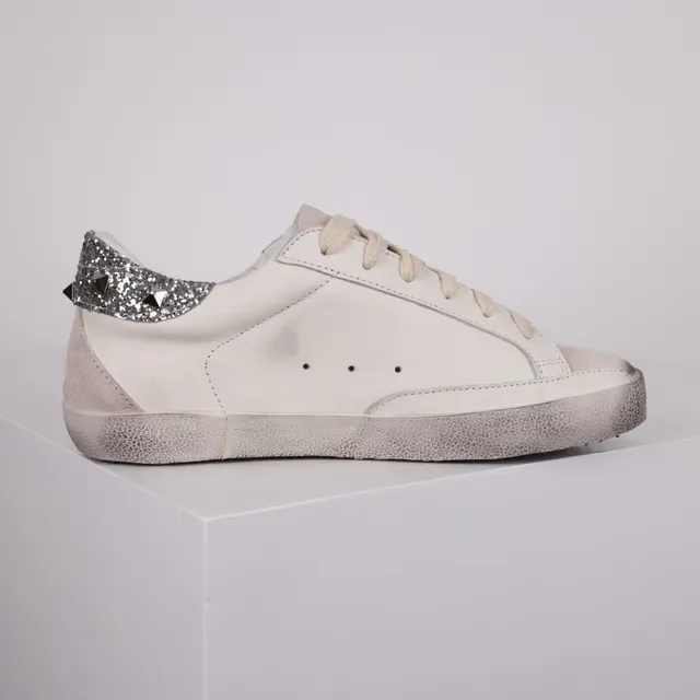 Golden Goose Superstar Sneakers Lifestyle Blancs Argent Cuir Distressed Glitter Heel Tab 7